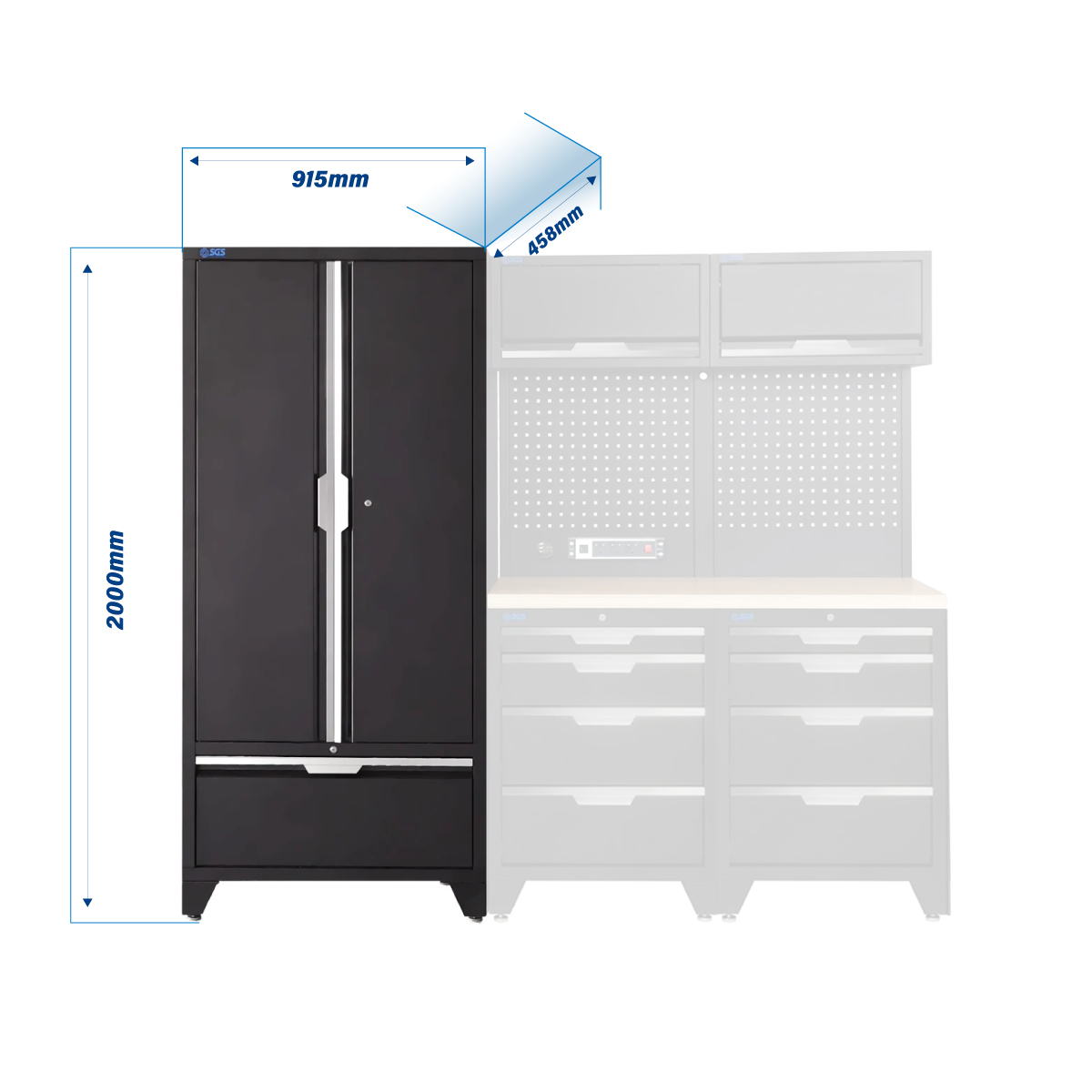 SGS 7pc Modular Garage Storage | 8 Drawers | Plywood Worktop | 2x Upper Cabinets | Tall Double Cabinet with Drawer | Pegboard with Power Strip